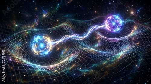 Quantum entanglement between two particles on a spacetime grid.