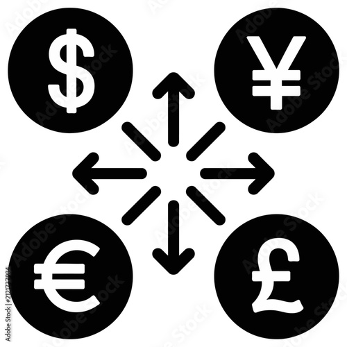 Vector global currency exchange with arrows pointing to different symbols in a circular pattern.