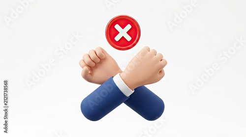 3D hands making stop gesture with red X.