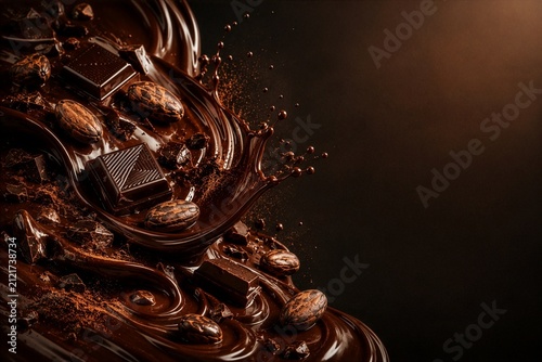 Melted Dark Chocolate with Cocoa Beans and Chocolate Pieces on Dark Background