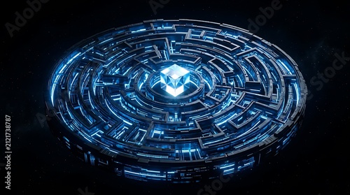 Futuristic circular maze structure in space. Sci-fi glowing portal with neon light technology.