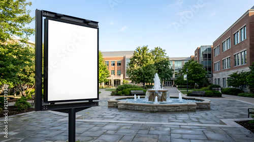Blank outdoor billboard mockup in campus plaza with water fountain