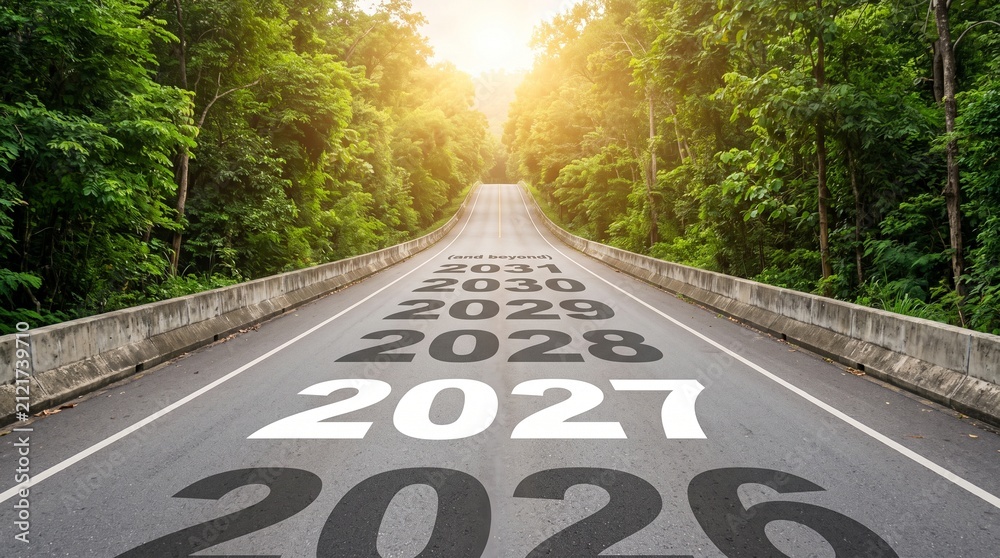 Obraz premium Road to the future with year numbers written on asphalt street leading to bright sunset light