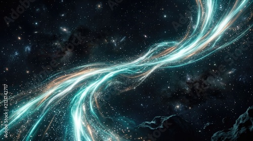 Abstract glowing light trails in cosmic space background.