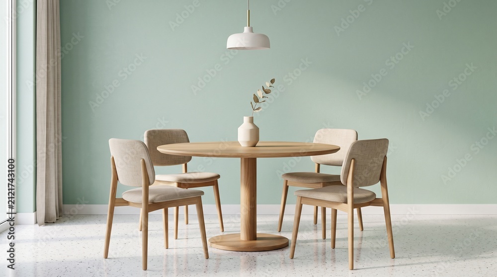 Fototapeta premium Minimalist dining room with wooden table. Modern interior design with pastel green walls.