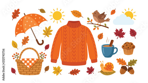 Cozy autumn season vector collection, warm fall weather elements, orange cable knit sweater, picnic basket, umbrella, hot drink, bird, leaves, acorns, muffin, snail, sun, clouds
