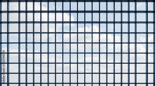 Geometric window grid pattern. Modern architectural glass facade with blue sky background.