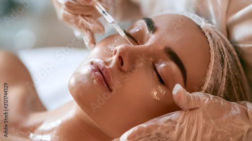 Professional cosmetologist woman gives vitamin injection to moisturize facial skin in beauty clinic. Esthetics and beauty concept