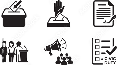 Election and voting icon set, 6 black civic duty vector elements, political campaign and democratic process symbols for government infographics isolated on Transparent Background