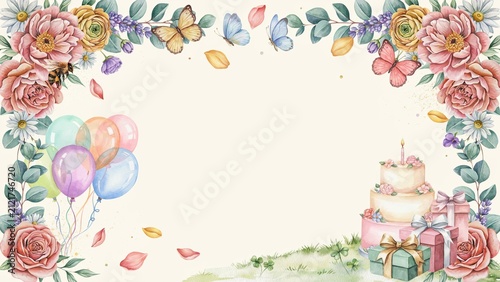 Flowers and balloons frame a blank area for text on this elegant birthday greeting card illustration.