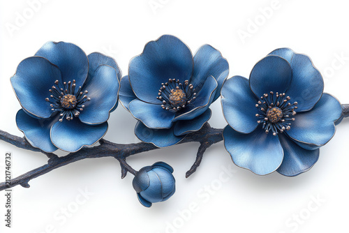 Dark Blue Flowers on a Branch in Clip Art Style