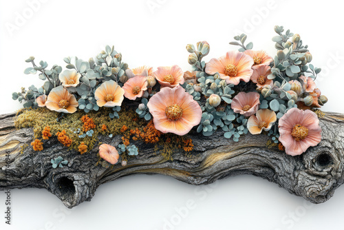 Creative 3D Rendering of a Fallen Tree with Pastel Mushrooms and Moss