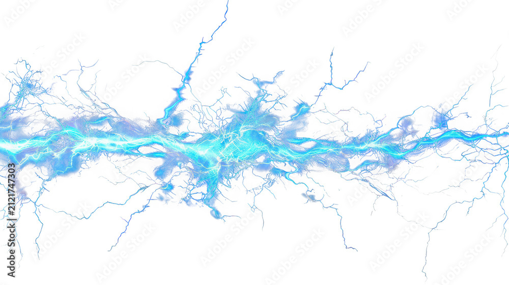 Obraz premium Bright electric blue lightning arc with branching plasma filaments on transparent background