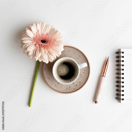 A top-down view of a serene workspace featuring a dahlia, coffee, and stationery.