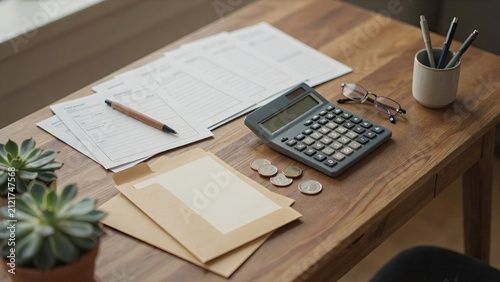 Calculator sits on an office desk among financial documents and small succulents to signify productivity.