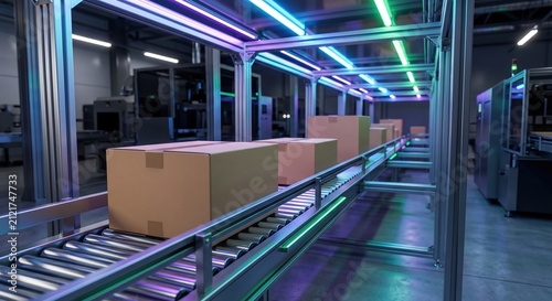 Automated roller conveyor system moving cardboard boxes in a modern smart warehouse facility