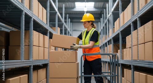 Female warehouse worker holding cardboard box near metal racks in distribution center