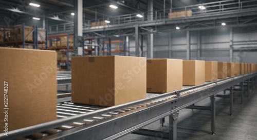 Cardboard boxes moving on roller conveyor belt in automated warehouse facility