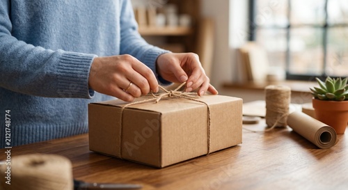 Woman tying jute twine bow on cardboard box for small business order fulfillment