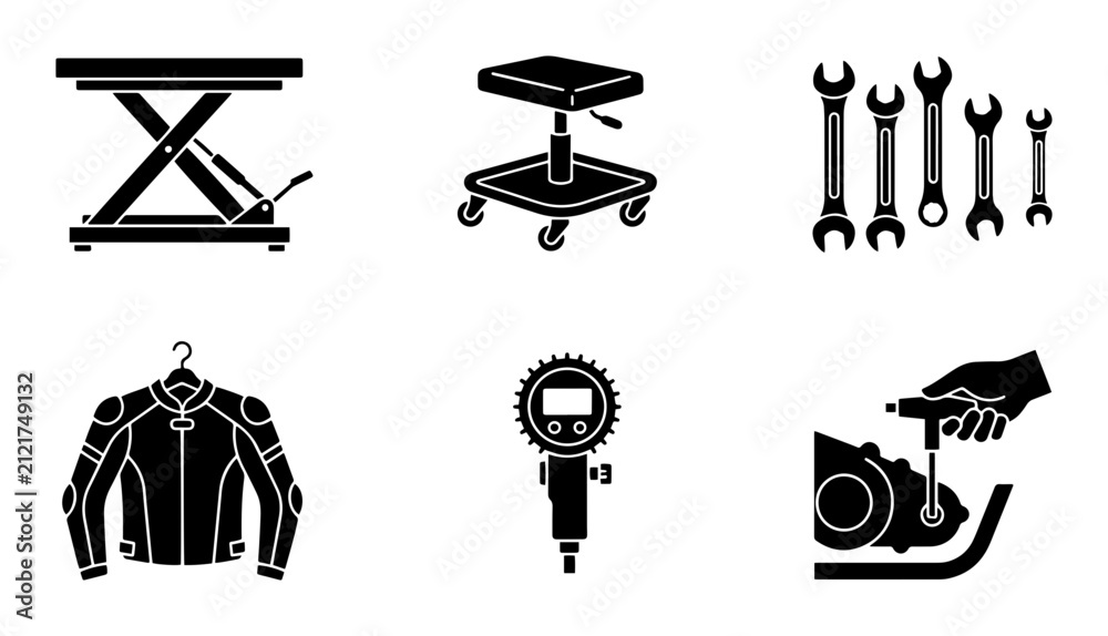 Fototapeta premium Motorcycle repair silhouette icons set, tools and gear, automotive workshop