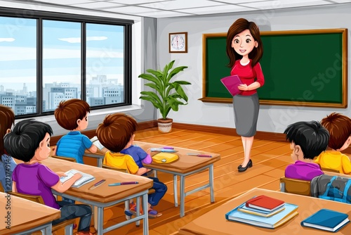 Teacher explains lesson in classroom with students at desks observing