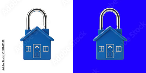 Blue house shaped padlock as a concept of home security protection transparent png