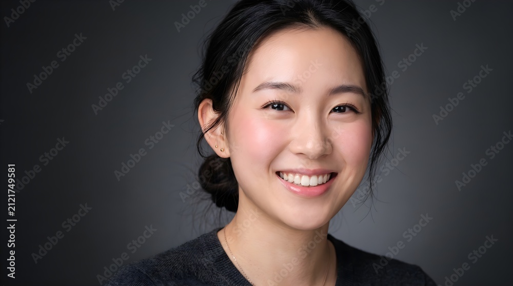 Fototapeta premium Portrait of a smiling young asian woman looking at the camera against a dark grey background