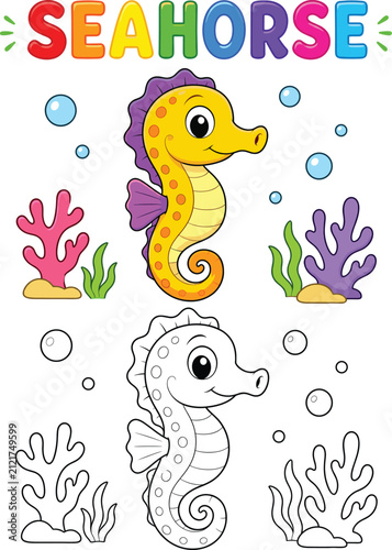 Cute Seahorse Coloring Page and Colored Cartoon Vector Illustration for Kids Educational Worksheet