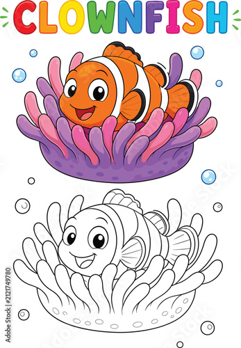 Cute Clownfish Coloring Page and Colored Cartoon Vector Illustration for Kids Educational Worksheet