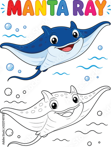 Cute Manta Ray Coloring Page and Colored Cartoon Vector Illustration for Kids Educational Worksheet