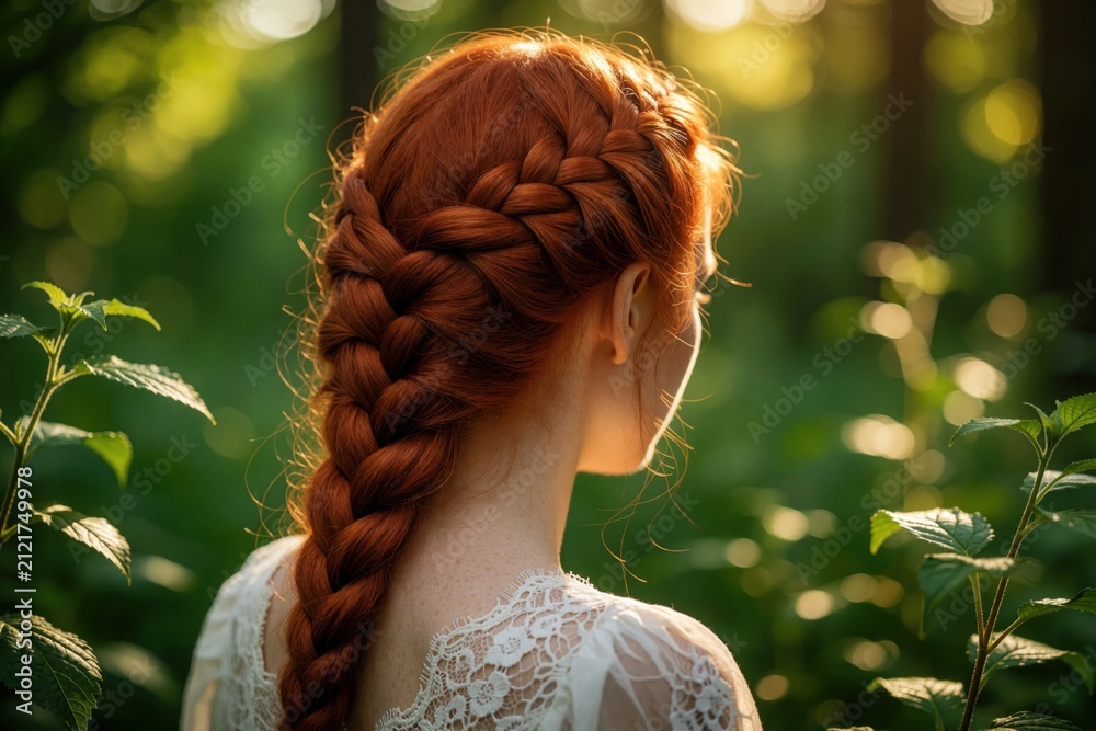 Fototapeta premium Young red haired caucasian woman with intricate braided hairstyle stands in green forest. Back view of female in white lace dress enjoying peaceful summer day outdoors. Beautiful natural light shines