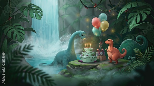 Dinosaurs celebrate a festive birthday party with a tiered cake and colorful balloons in a lush jungle waterfall area.