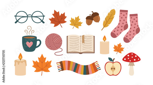 Bild auf Leinwand Cozy autumn vector collection, fall season essentials, hygge lifestyle elements,