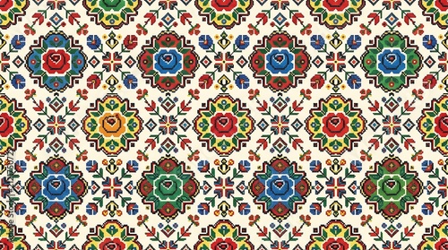 Traditional floral cross stitch embroidery seamless pattern