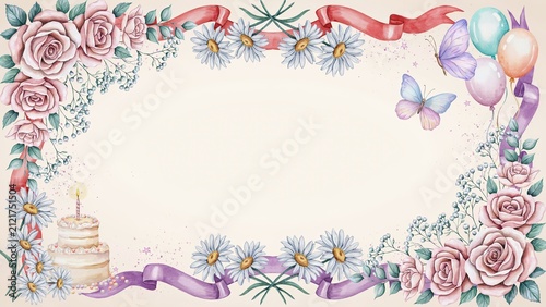 Floral border frames a delicate composition of pink roses, daisies, colorful balloons, and butterflies with a cake.
