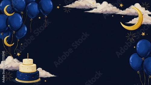 Birthday cake sits on a dark background decorated with golden crescent moons, fluffy clouds, and navy blue balloons.
