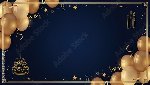 Background features golden balloons and stars framing a dark blue surface with a central area for text overlay.