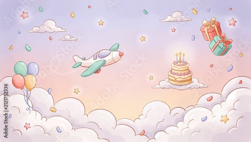 Airplane flies through the clouds above a birthday cake surrounded by colorful balloons and festive gift boxes.
