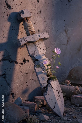 A broken concrete sword rests among war-damaged ruins as delicate pink flowers grow through its cracks as a symbol of peace, hope, resilience and life overcoming destruction.