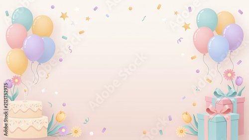 Party backdrop shows a tiered cake and wrapped gifts decorated with floating pastel balloons and confetti bits.