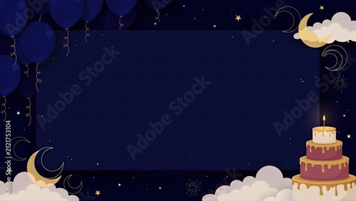 Clouds and golden moon crescents frame a birthday cake set against a dark blue background for night celebrations.