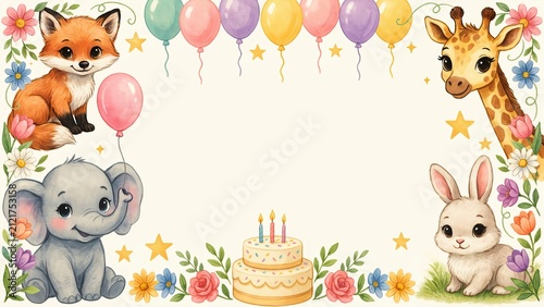 Animals including a fox, giraffe, rabbit, and elephant frame a central area for birthday party invitations.