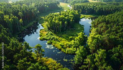 Aerial View of Serene Forest River Meandering Through Lush Greenery.