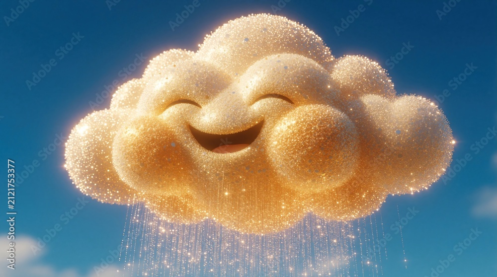 Fototapeta premium Cheerful golden cloud smiles with glitter rain falling on clear blue sky background. Magical bright sparkles shine from happy weather character. Cute whimsical fantasy illustration for kids design