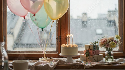 Birthday cake with lit candles rests on a windowsill beside pastel balloons and a bouquet of flowers in a vase.