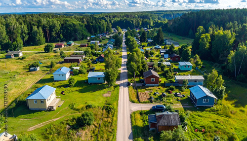Aerial View of a Picturesque Finnish Village Surrounded by Lush Green Forests.