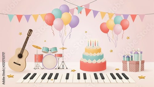 Musical instruments including a guitar, drums, and piano keys are surrounded by balloons and a cake for a party.