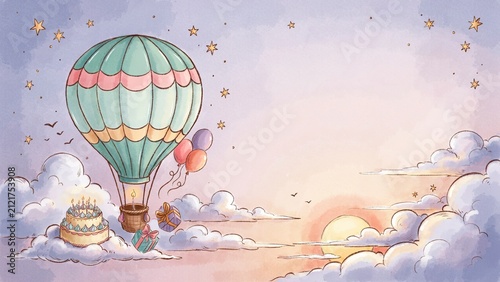 Hot air balloon floats gracefully over a sunset sky accompanied by a birthday cake and presents on clouds.