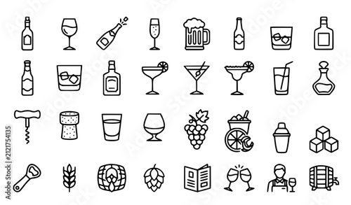 Alcohol Beverage Thin Line Icon Set with Wine Champagne Beer and Cocktail Editable Stroke Vector