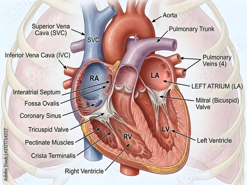 Human heart anatomy diagram labeled cross section